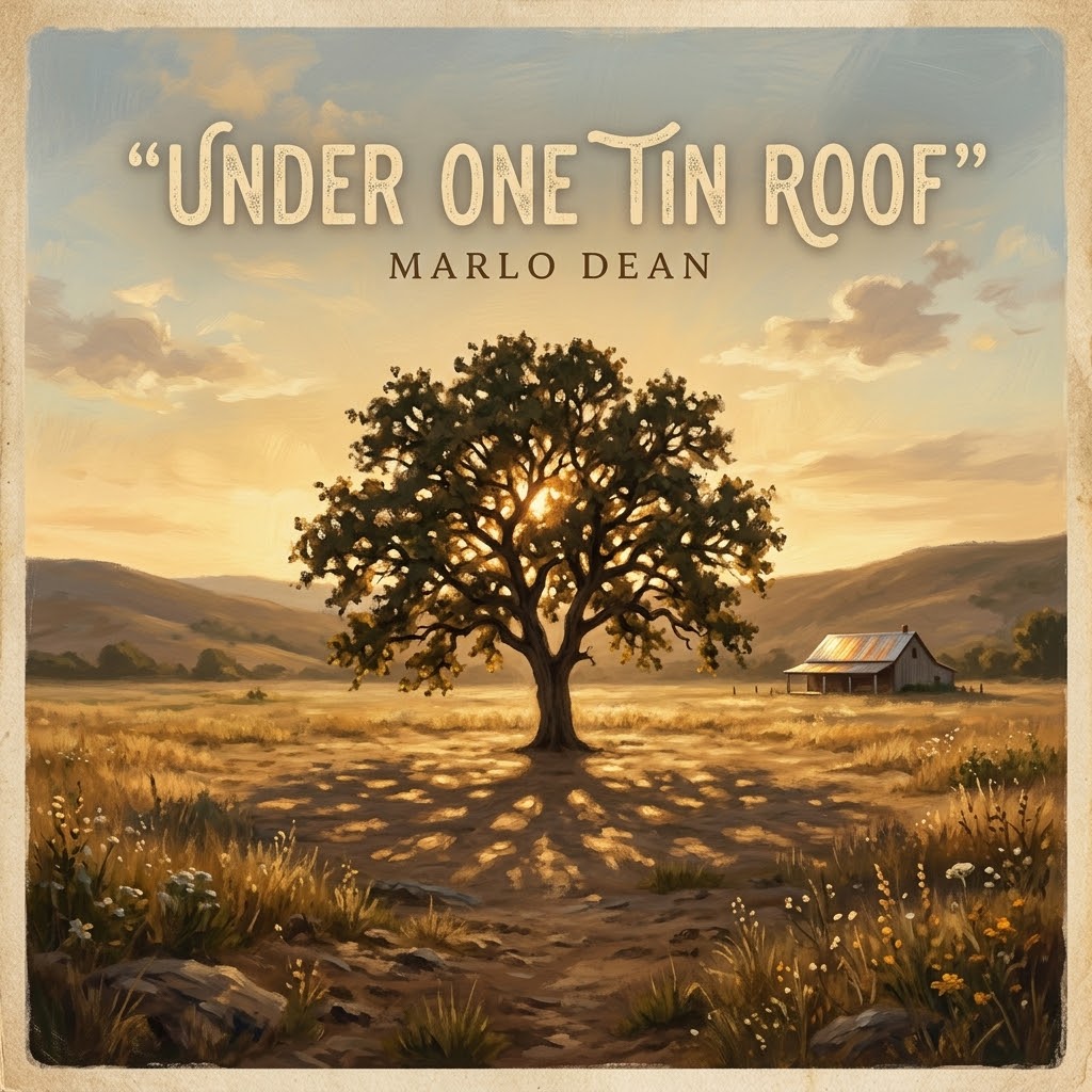 Under One Tin Roof album cover — a lone oak tree at sunset in a north Georgia field, with a tin-roofed farmhouse in the distance
