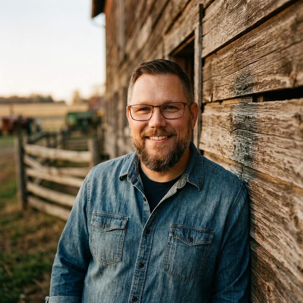 Marlo Dean standing outside a weathered barn at golden hour