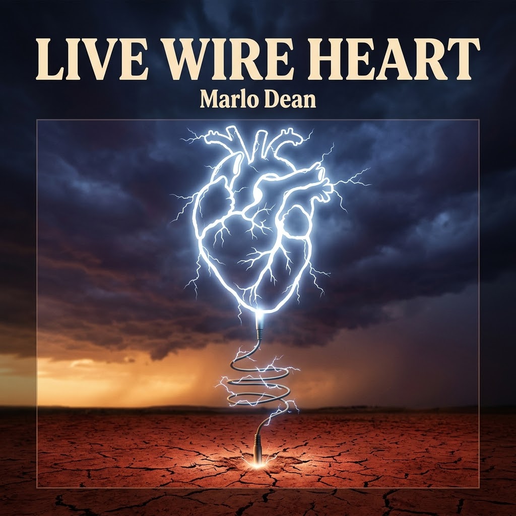 Live Wire Heart single cover — a neon heart wired into cracked earth under a storm sky